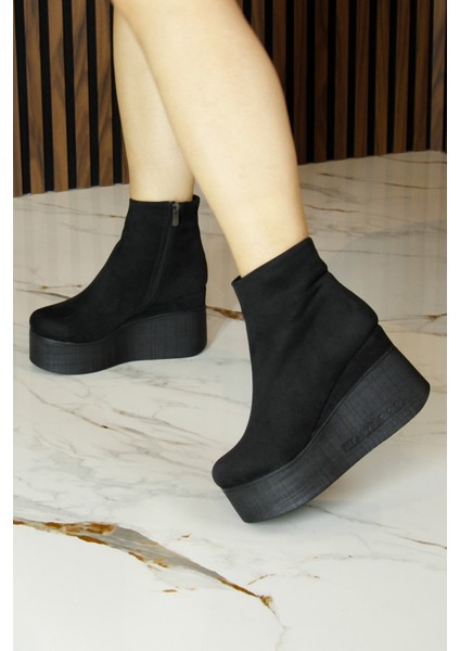 Chione Siyah Süet Kürk Astarlı Fermuarlı Yuvarlak Burun Gizli Dolgu Topuklu Bot fırsatları