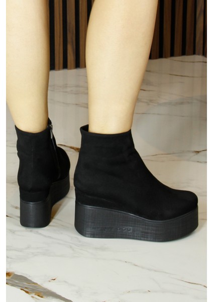 Chione Siyah Süet Kürk Astarlı Fermuarlı Yuvarlak Burun Gizli Dolgu Topuklu Bot indirimleri