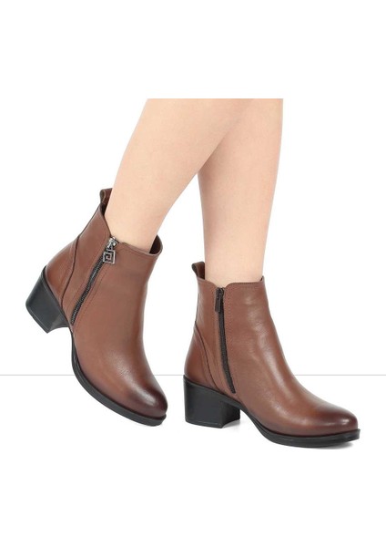 Kadın Ceviz Çift Fermuarlı Deri Bot