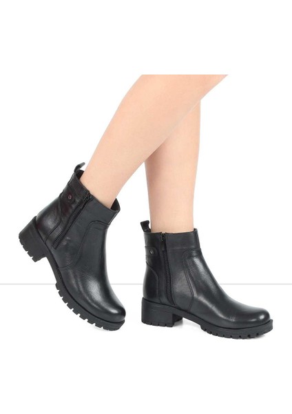 Kadın Siyah Çift Fermuarlı Kalın Topuklu Deri Bot