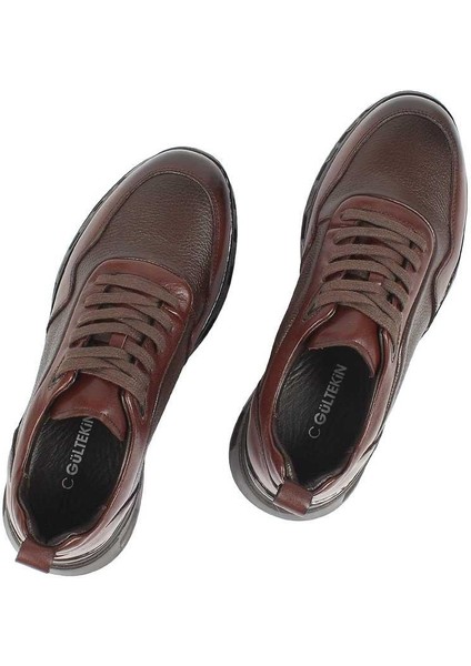 Erkek Kahverengi Bağcıklı Kalın Tabanlı Deri Sneaker