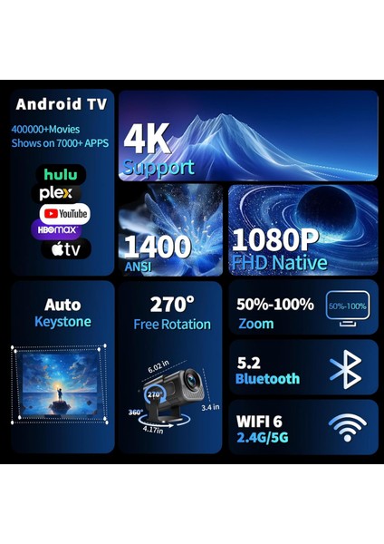 4K Full Hd 1080P Taşınabilir Projektör Oda Nemlendiricisi Hediyeli– 270° Döner Tasarım, Wifi 6 & Bluetooth 5.2, Otomatik Düzeltme, HDMI & USB Girişli indirimleri