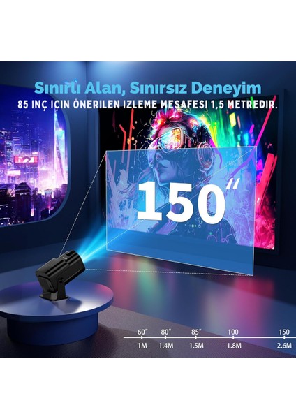 4K Full Hd 1080P Taşınabilir Projektör Oda Nemlendiricisi Hediyeli– 270° Döner Tasarım, Wifi 6 & Bluetooth 5.2, Otomatik Düzeltme, HDMI & USB Girişli