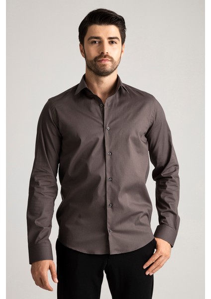 Erkek Antrasit Gri %100 Pamuk Saten Non-Iron Ütü Istemeyen Casual Cepsiz Modern Fit Gömlek