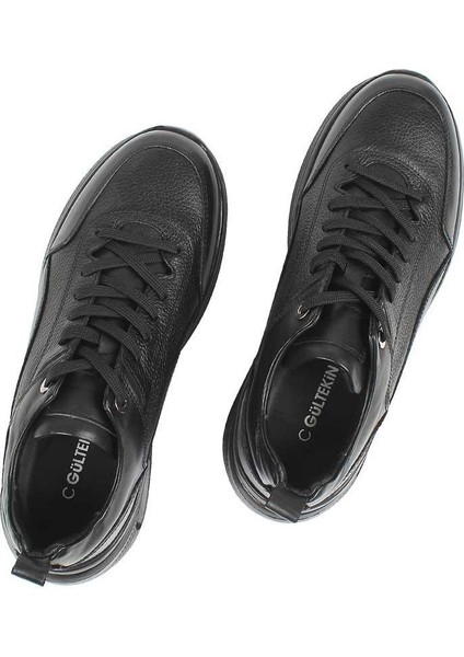 Erkek Siyah Bağcıklı Kalın Tabanlı Deri Sneaker