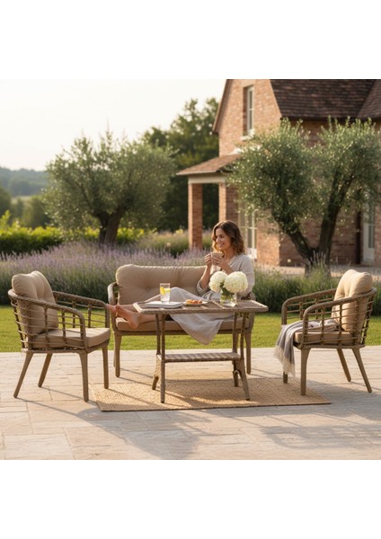 Kartepe 2 1 1 Rattan Bahçe Balkon Takımı,bambu Rattan/bej Kumaş