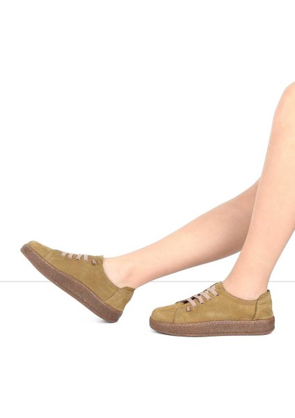 Kadın Haki Bağcıklı Kalın Tabanlı Nubuk Deri Ayakkabı