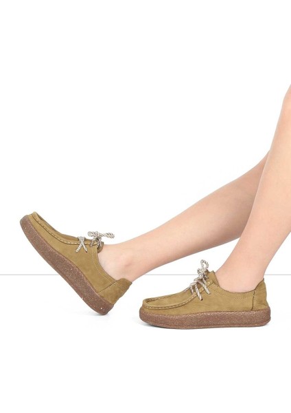 Kadın Haki Bağcıklı Kalın Tabanlı Nubuk Deri Ayakkabı