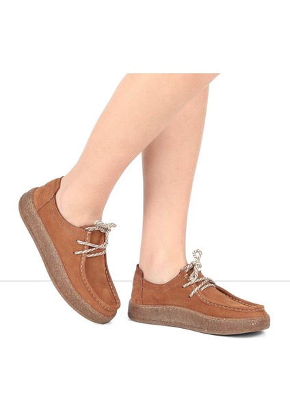 Kadın Taba Bağcıklı Kalın Tabanlı Nubuk Deri Ayakkabı