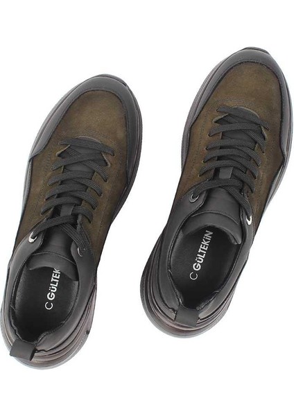 Erkek Haki Bağcıklı Kalın Tabanlı Nubuk Deri Sneaker