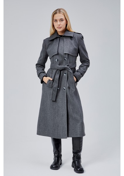 Koyu Gri Regular Rüzgarlık Detaylı Kaşe Kaban