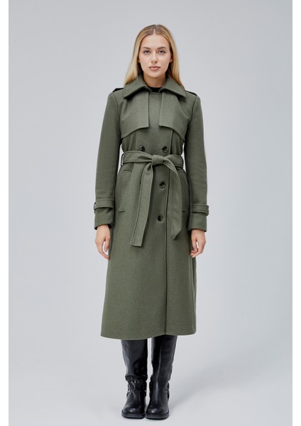 Haki Regular Rüzgarlık Detaylı Kaşe Kaban