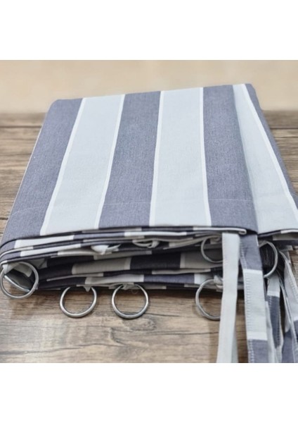 Balkon Perdesi Bağcıklı Halkalı Ölçü Seçenekli Gri Çizgili