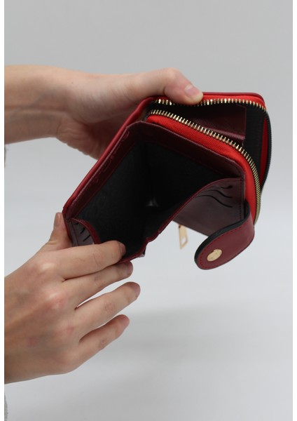 Bozuk Para Gözlü Bol Kartlıklı Kırmızı Mini Kadın Cüzdanı