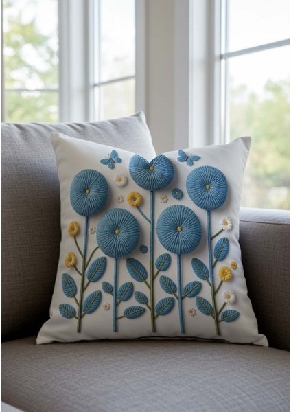 Punch Nakış Görünümlü Dijital Baskılı Gri Renkli Yaz Temalı Çiçekli 2li Kırlent Kılıfı Seti modelleri