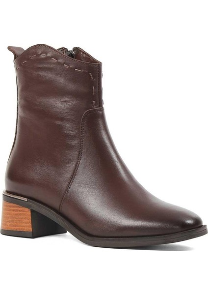 Kadın Kahverengi Fermuarlı Kalın Topuklu Deri Bot modelleri