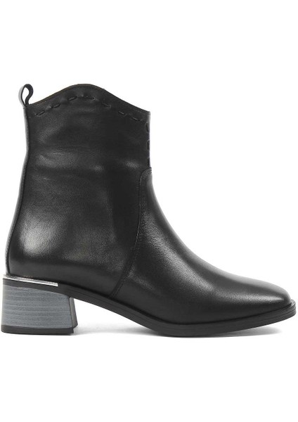 Kadın Siyah Fermuarlı Kalın Topuklu Deri Bot