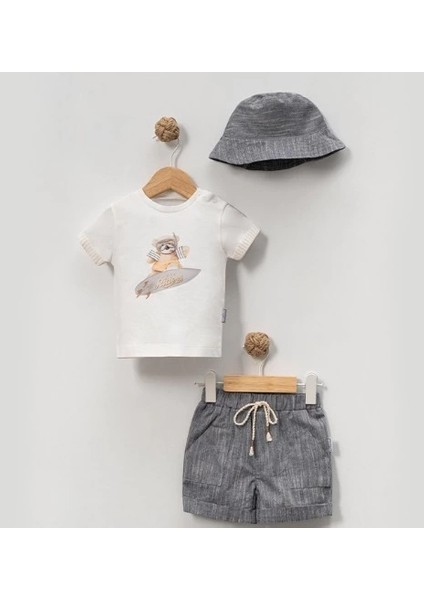 Yazlık Sörfçü Baskılı Bucket Şapkalı Bebe Erkek 2'li Takım
