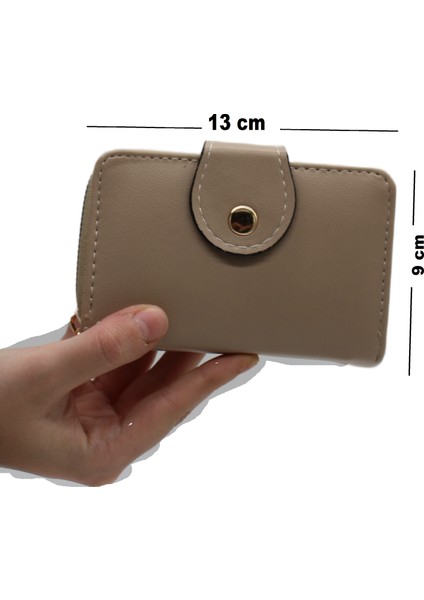 Bozuk Para Gözlü Bol Kartlıklı Bej Mini Kadın Cüzdanı