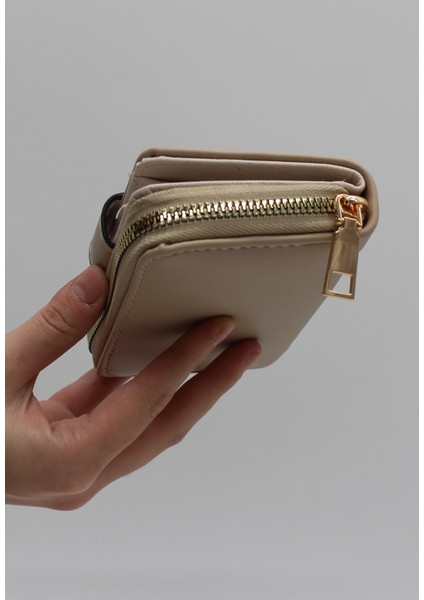 Bozuk Para Gözlü Bol Kartlıklı Bej Mini Kadın Cüzdanı modelleri