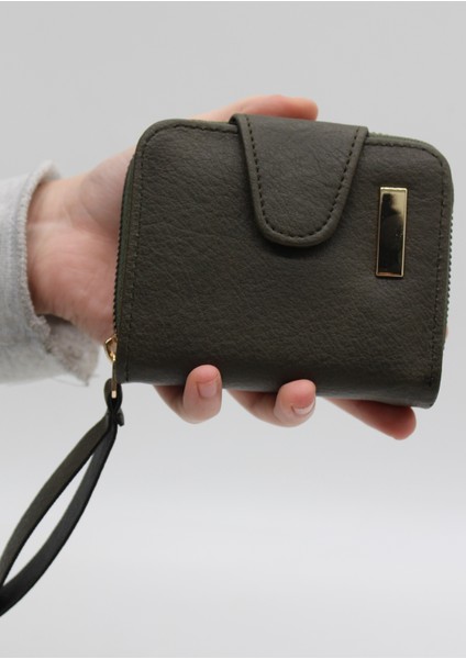 Elcikli Bozuk Para Gözlü Bol Kartlıklı Haki Mini Kadın Cüzdanı