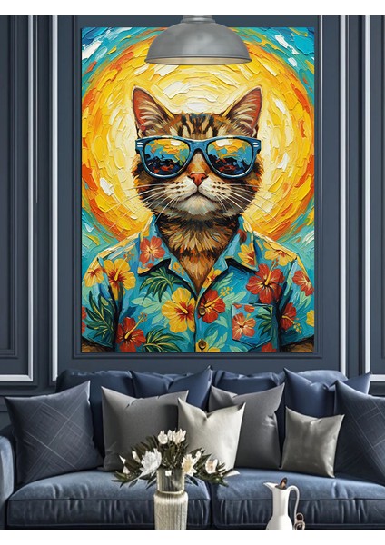 Sarı Gözlü Kedi Portresi Çizimi Dekoratif Kanvas - Mdf Ahşap Tablo