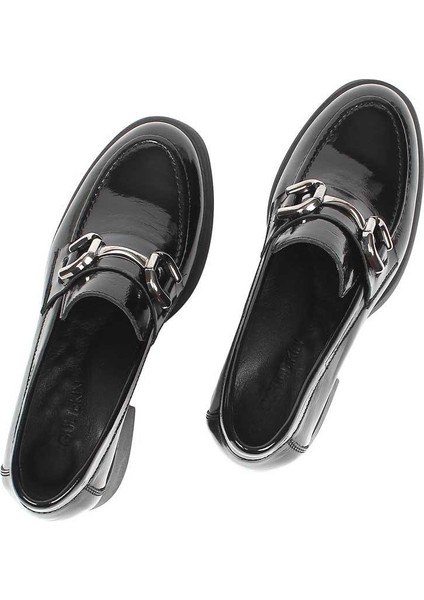 Kadın Siyah Tokalı Kalın Topuklu Rugan Deri Ayakkabı