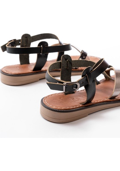 205-08 Siyah Garni Ortopedik Hakiki Deri Kadın Sandalet indirimleri