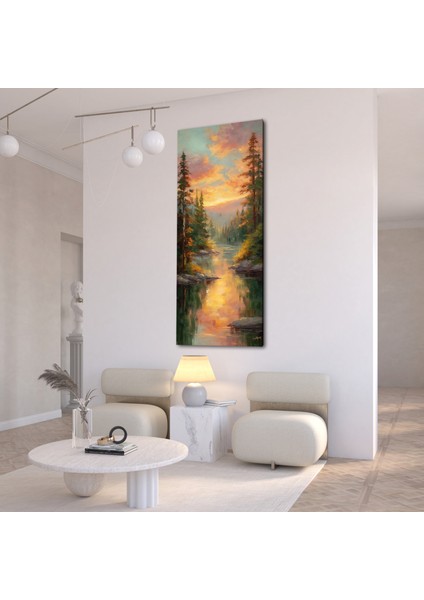 Panoramik Gün Batımı Orman ve Göl Manzarası Kanvas Tablo – Dikey Doğa ve Manzara Temalı Duvar Dekoru