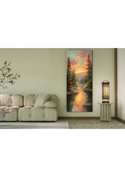 Panoramik Gün Batımı Orman ve Göl Manzarası Kanvas Tablo – Dikey Doğa ve Manzara Temalı Duvar Dekoru fiyatları