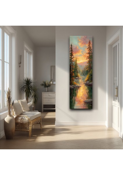 Panoramik Gün Batımı Orman ve Göl Manzarası Kanvas Tablo – Dikey Doğa ve Manzara Temalı Duvar Dekoru
