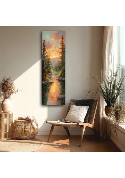 Panoramik Gün Batımı Orman ve Göl Manzarası Kanvas Tablo – Dikey Doğa ve Manzara Temalı Duvar Dekoru