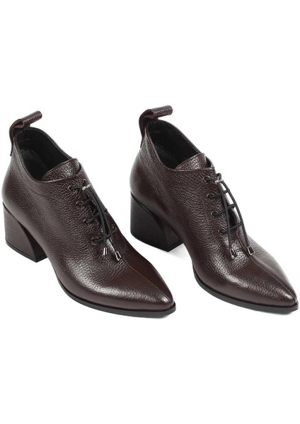 Kadın Kahverengi Kalın Topuklu Flotter Deri Ayakkabı