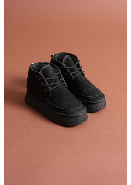 Venessa Kadın Mini Siyah Süet Bağcıklı Içi Tüylü Düz Taban Bot