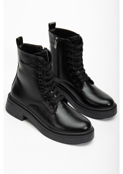 Kadın Parlak Günlük Siyah Cilt Kalın Tabanlı Postal Bot