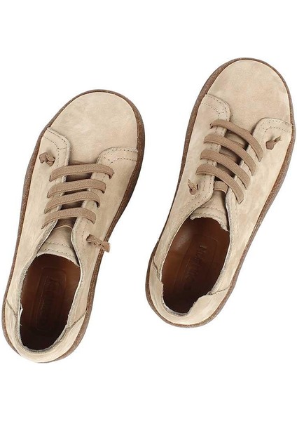 Kadın Bej Bağcıklı Kalın Tabanlı Nubuk Deri Ayakkabı