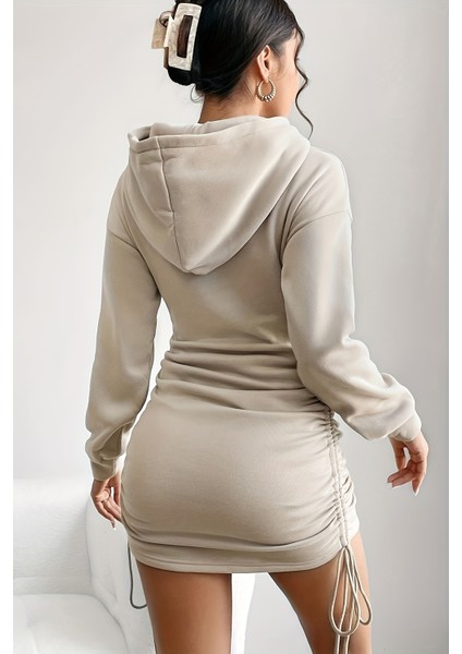 Kapşonlu Yandan Büzgülü Ayarlı Baskılı Uzun Oversize Sweatshirt Elbise modelleri