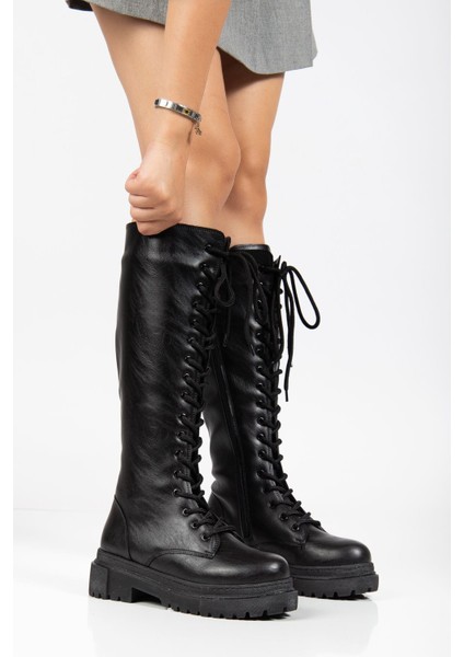 Kadın Siyah Bağcıklı Yandan Fermuarlı Günlük Çizme fiyatları