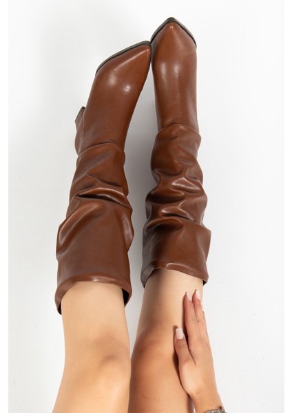 Kadın Taba Cilt Körüklü Uzun Sivri Burunlu Topuklu Çizme