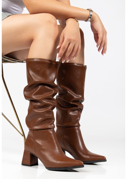 Kadın Taba Cilt Körüklü Uzun Sivri Burunlu Topuklu Çizme fırsatları