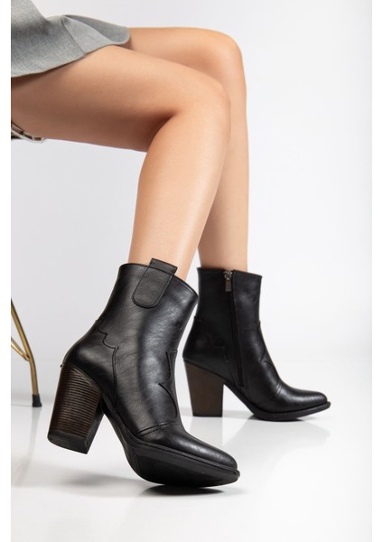 117 Siyah Kovboy Dikiş Detaylı Fermuarlı Yüksek Topuklu Günlük Kadın Bot fiyatları