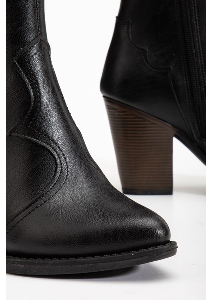 117 Siyah Kovboy Dikiş Detaylı Fermuarlı Yüksek Topuklu Günlük Kadın Bot indirimleri