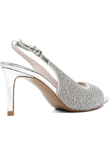 Kadın Gümüş Taşlı İnce Topuklu Abiye Ayakkabı