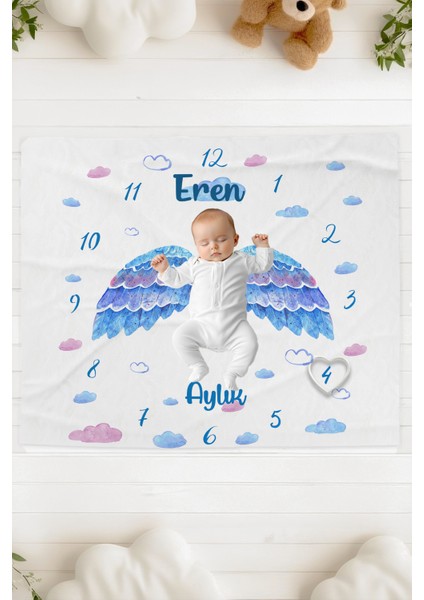 %100 Pamuk Isme Özel Bebek Fotoğraf Çekim Anı Örtüsü (120X100 Cm) Mavi Bulutlar