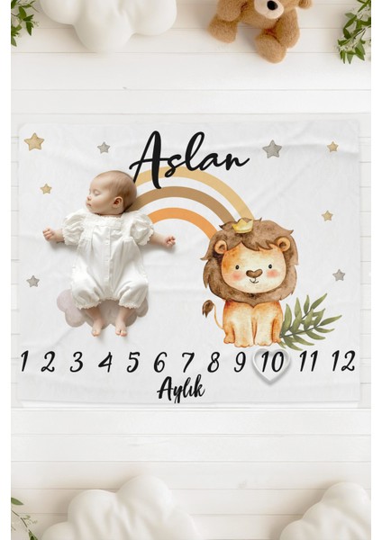 %100 Pamuk Isme Özel Bebek Fotoğraf Çekim Anı Örtüsü (120X100 Cm) Gökkuşağı ve Aslan