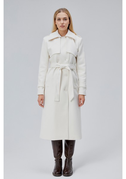 Ekru Regular Rüzgarlık Detaylı Kaşe Kaban