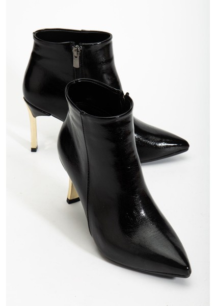 Kadın Siyah Kırışık Rugan Sivri Burun Kısa Boy Ince Topuklu Bot fiyatları