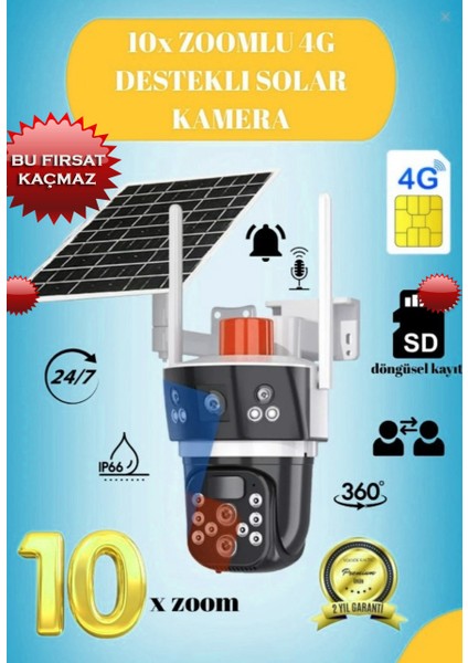 10X Zoom 4g Sim Kartlı-Solar Güneş Enerjili-Full Hd Çift Kameralı Akıllı Smart Güvenlik Kamerası