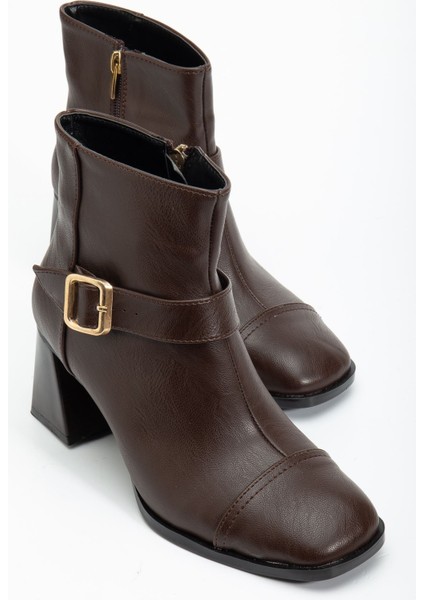 Kadın Kahverengi Küt Burun Tokalı Topuklu Bot fiyatları