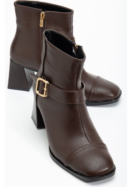 Kadın Kahverengi Küt Burun Tokalı Topuklu Bot modelleri